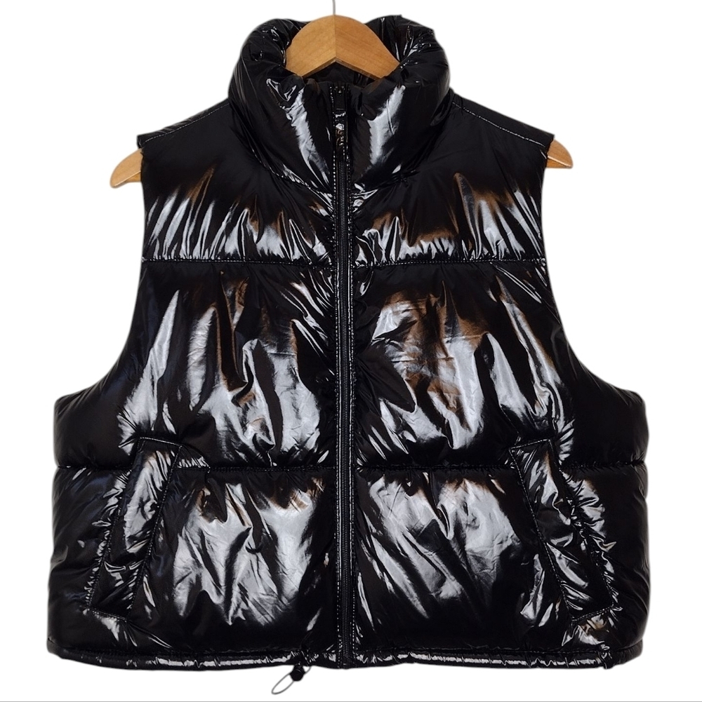 Urban Republic Glossy Black Nylon Full Zip Puffer Vest Jacket Sz L
